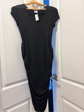 NWT Thyme Maternity Black V-Neck Ruched Midi Nursing Dress